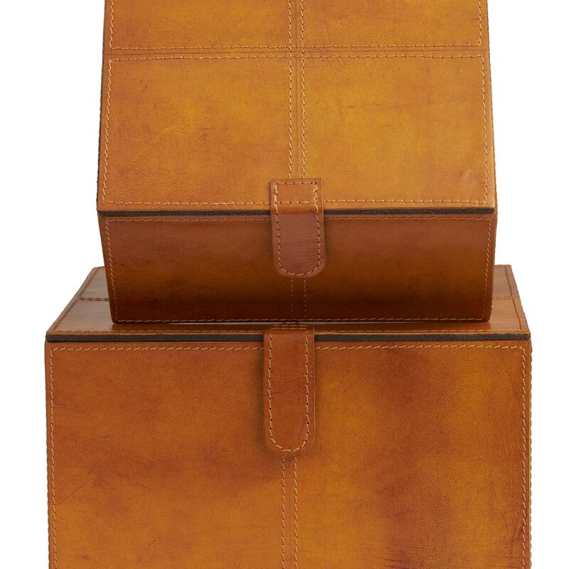Leather Handmade Decorative Box with Hinged Lid - Set of 2 Gray, Brown, Dark Brown, Gold, Silver - Roche River Decor