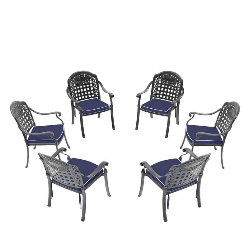 Black Stackable Cast Aluminum Patio Outdoor Dining Chairs With Blue Seat Cushions