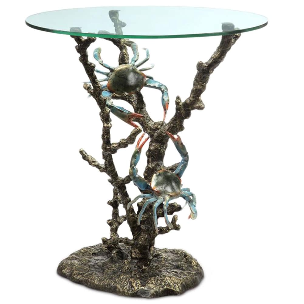Aluminum Coral And Crab Decorative Glass Top End Table - 21.5 X 22 X 22 inches