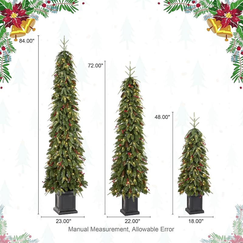 Glitzhome 4ft/6ft/7ft Pre-lit Green Artificial Christmas Porch Tree with Red Berries,Pinecones and 100 Warm White Lights