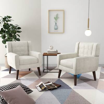 Modern Tufted Faux Leather Upholstered Armchair Linen Accent Chairs