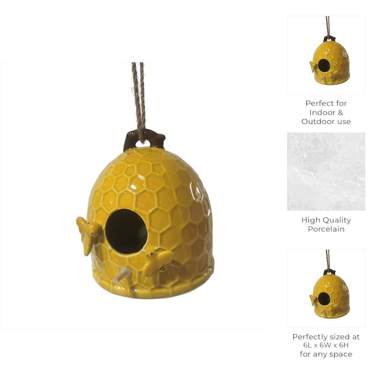 Stoneware Porcelain Honeycomb Birdhouse with Playful Bee Accents - 6" x 7" x 6.75"