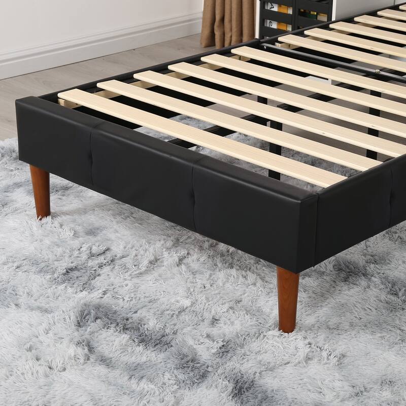 Faux Leather Platform Bed Frame with Wood Slats, No Box Spring Needed Mattress Foundation Twin/Full/Queen/King Size Bed Frame