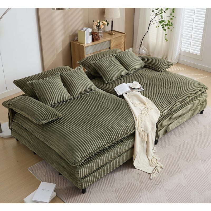 Harmonia 109" W Oversized Corduroy Sofa Bed, Deep Seat Double Lounge Chaise with 4 Pillows - Green