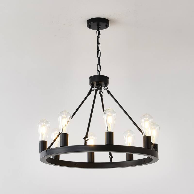 Farmhouse Style Small Round Ceiling Light 8-Lamp Wagon Wheel Chandelier, for Kitchen Island, Dining Room and Living Room