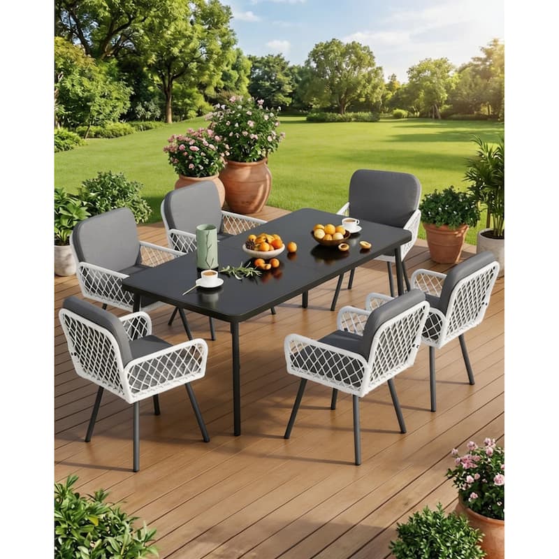 Outdoor Dining Set, with Tempered Glass Top & 6 Wicker Chairs - Black