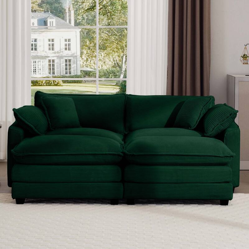 2-Seater Corduroy Sofa with 2 Footrests, Converts to Bed for Compact Spaces