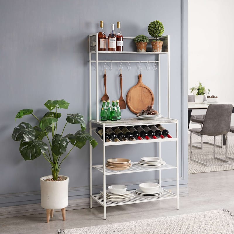 Bakers Rack with Storage Shelfs, Wine Rack and Hooks - White/Gray