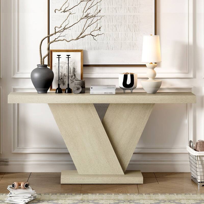 Modern 66.15" Console Table with X-Leg and Solid Wood Veneer for Entryway or Hallway Space in Mid-Century Style - Oak