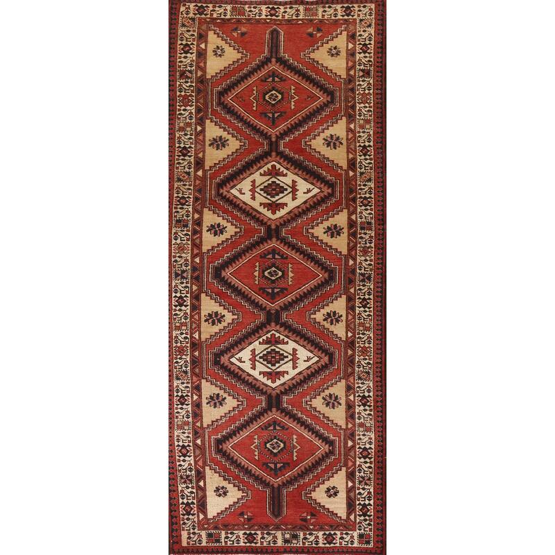 Geometric Red Ardebil Persian Vintage Runner Rug Handmade Wool Carpet - 3'6"x 10'7"