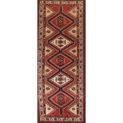 Geometric Red Ardebil Persian Vintage Runner Rug Handmade Wool Carpet - 3'6"x 10'7"