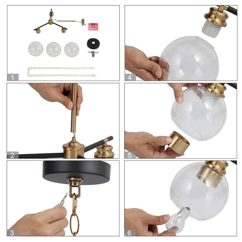 Modern 3-Light Black Gold Sputnik Chandelier Pendant Lights for Dining Room - 18" D x 17.5" H