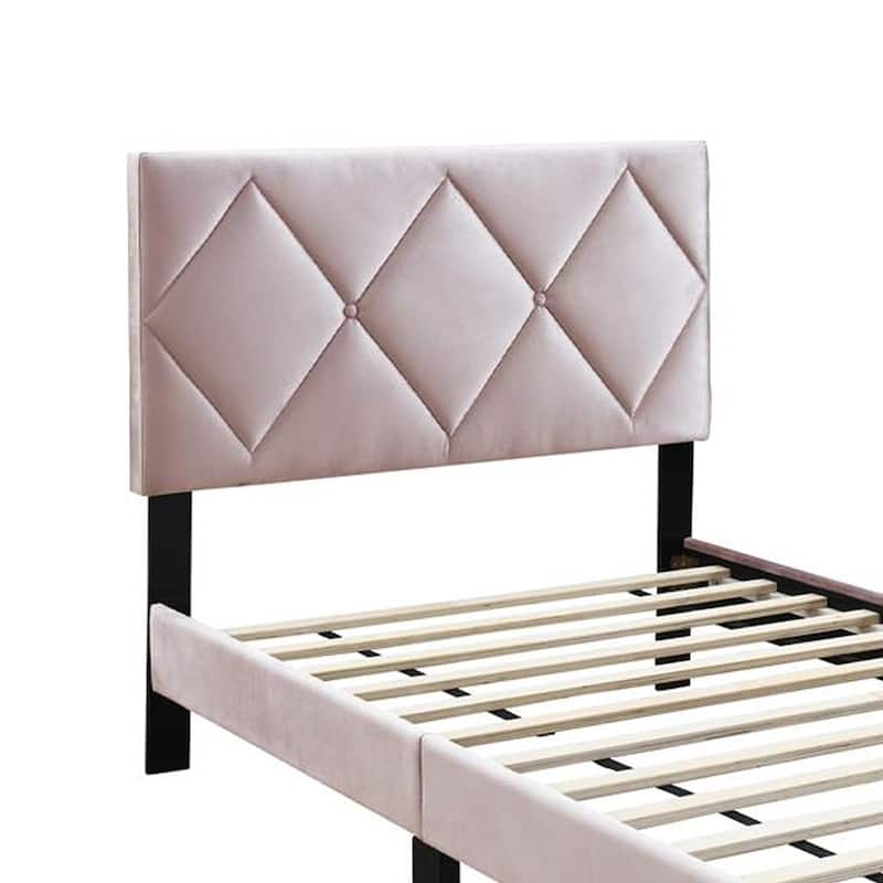 Lilian Twin Bed, Tufted Light Pink Velvet Upholstery, Diamond Stitch