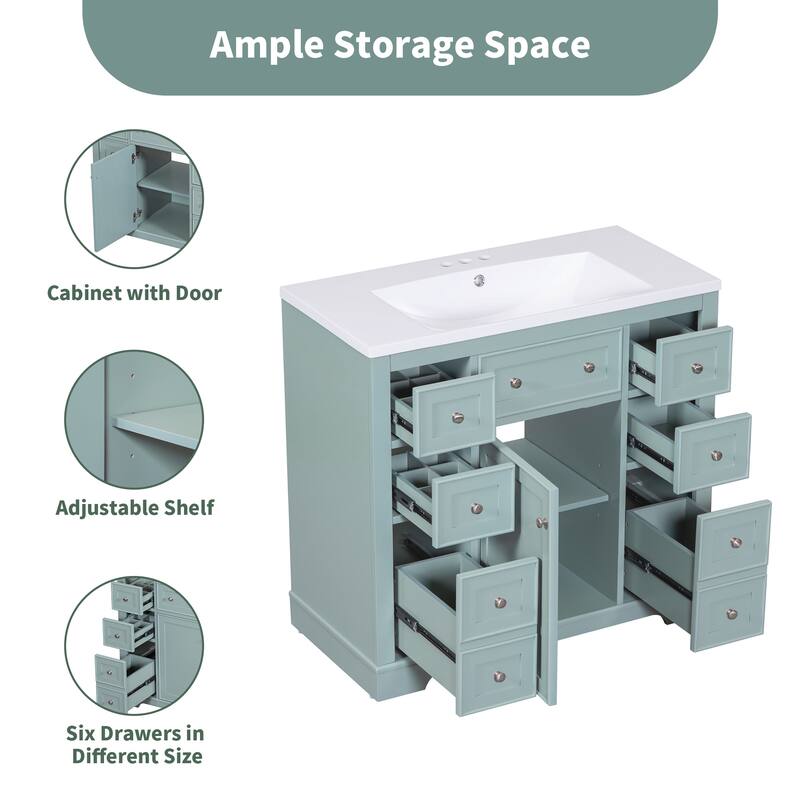 Bathroom Vanity with Ceramic Sink, Bathroom Storage Cabinet with 1 Doors and 6 Drawer, Bathroom Cabinet with Open Shelf