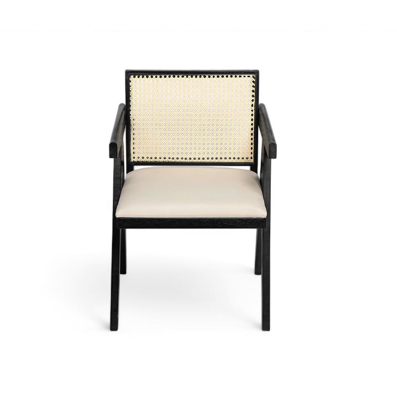 Farmhouse Rattan Dining Chairs Set of 2, Upholstered Armchairs with Backrest, Kitchen Side Chairs with Solid Wood Frame