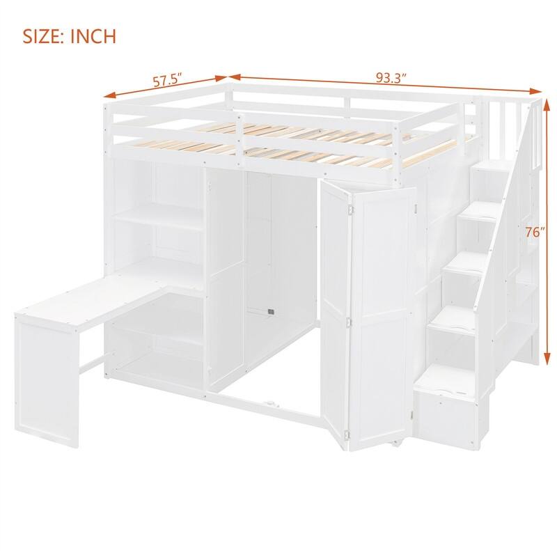 Full Size Loft Bed with Wardrobe, Bulit-in Desk and Storage Staircase, Kids Loft Bedframe with Storage Shelves and Guardrail