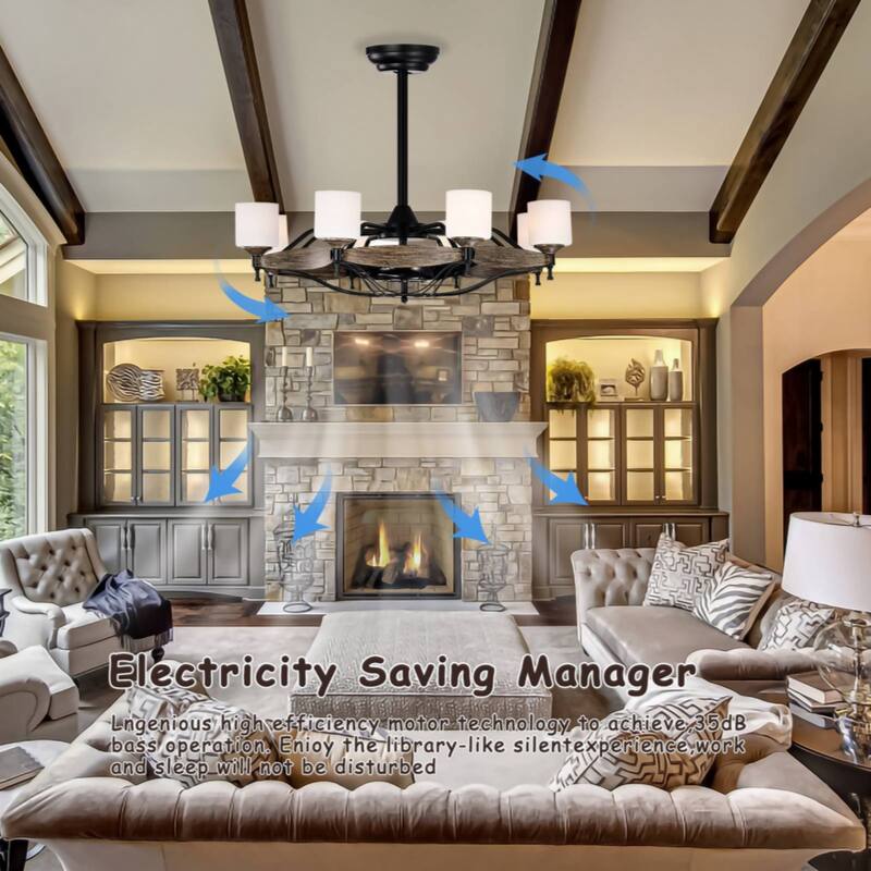 33 inch Chandelier Ceiling Fan for Bedroom Dining Room Living Room Kitchen Farmhouse Entry,Matte Black+ Wood Grain