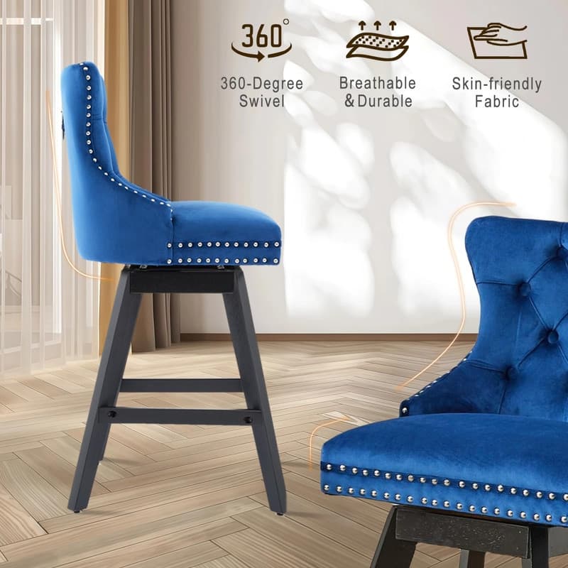 Tufted Swivel Velvet Rubberwood Nailhead Barstools (Set of 2)