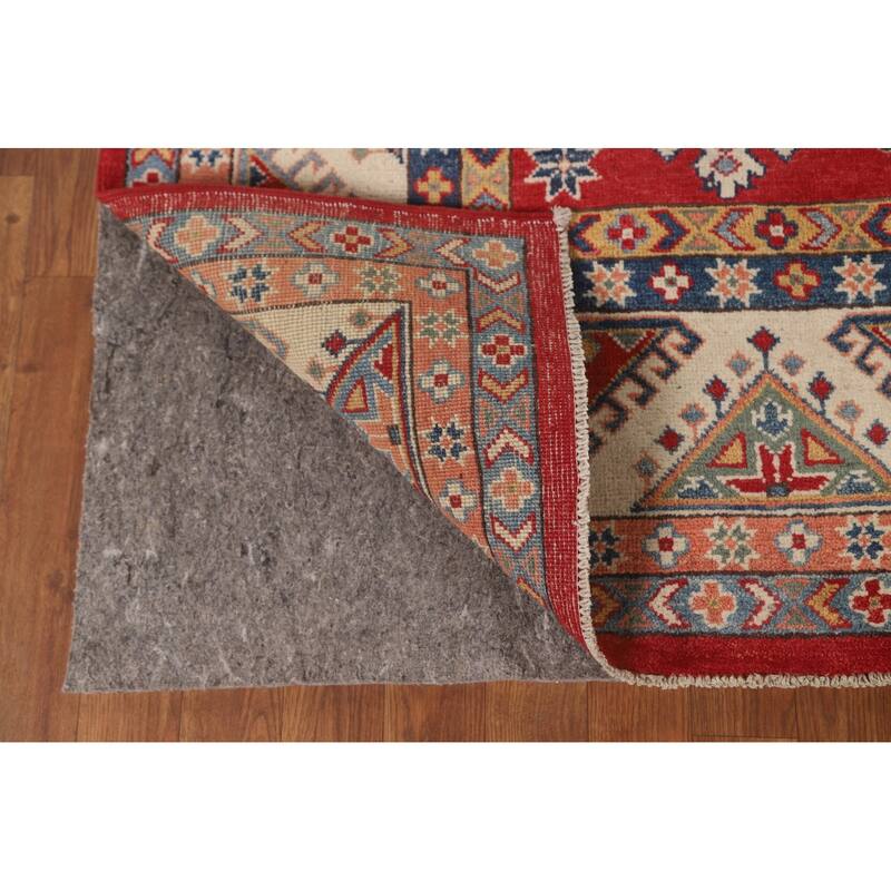 Geometric Kazak Area Rug Hand-Knotted Red Wool Carpet - 6'5" x 9'10"