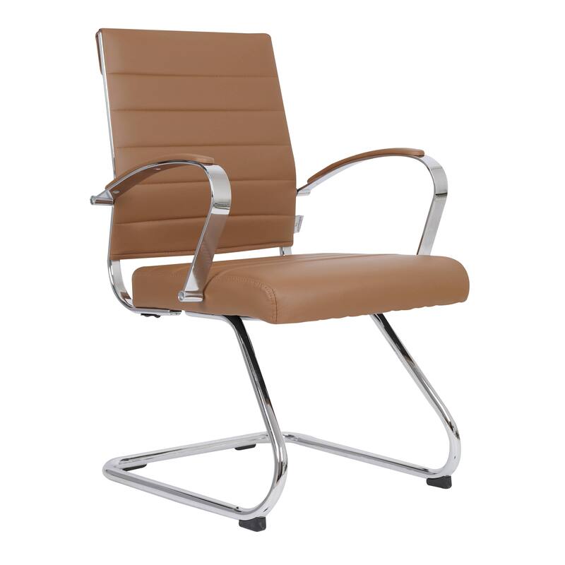 Benmar Modern Leather Office Chair with Stainless Steel Sled Base, Floor Caps, Ergonomic Desk Chair for Home Office or Workspace - Light Brown