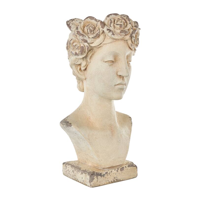 Cream Magnesium Oxide Distressed Antique Greek Bust Woman Indoor Outdoor Planter with Floral Accents