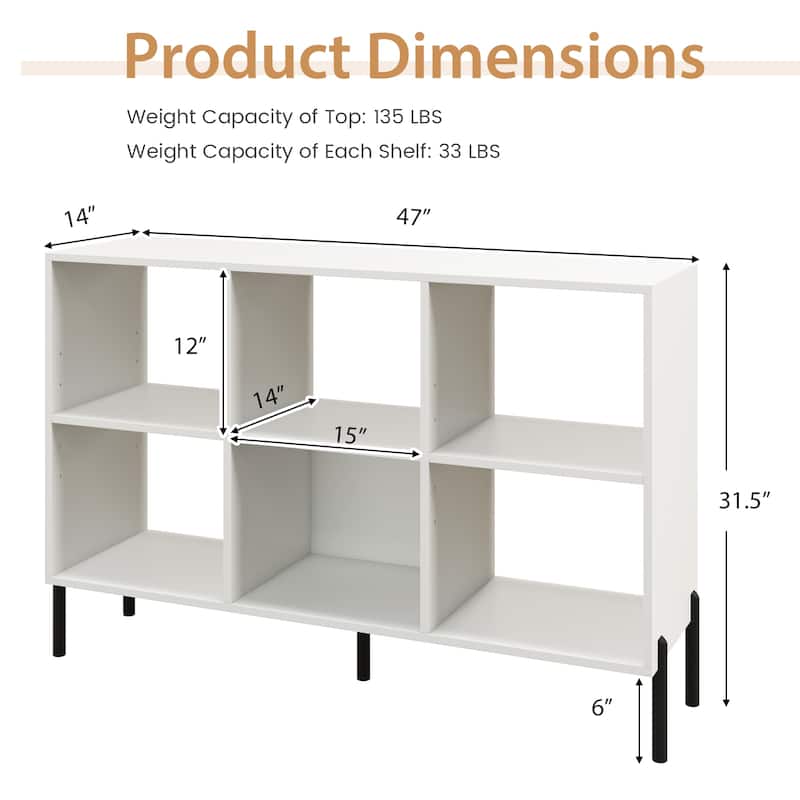Modern Open Back Engineered Wood 6-Cube Bookshelf with 2 Adjustable Shelves and Metal Legs - 47" x 14" x 31.5" (L x W x H)