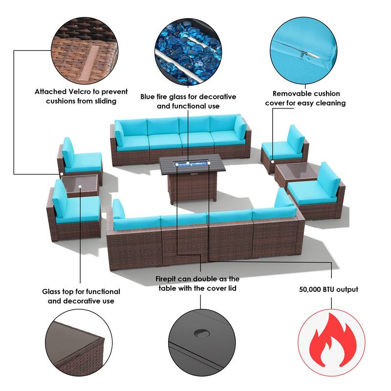 15 Piece Wicker Set Patio Sofa Furniture with Fire Pit And Table