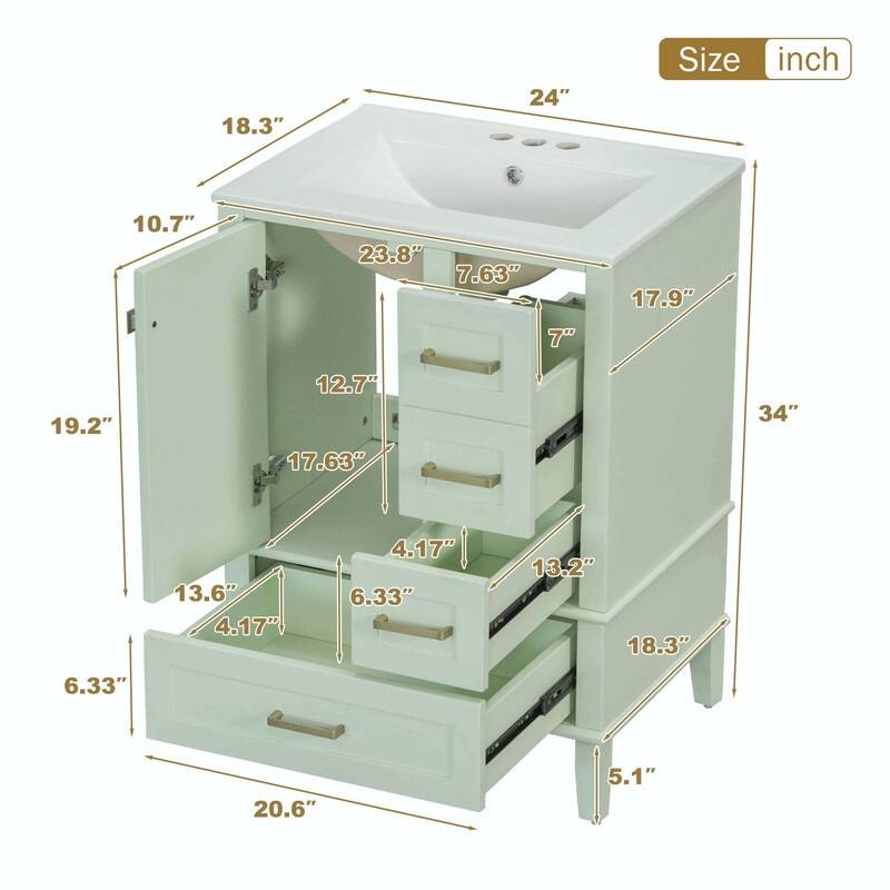 24.8" Bathroom Vanity with Ceramic Sink, Modern Freestanding Cabinet with Soft-Close Door and 3 Storage Drawers