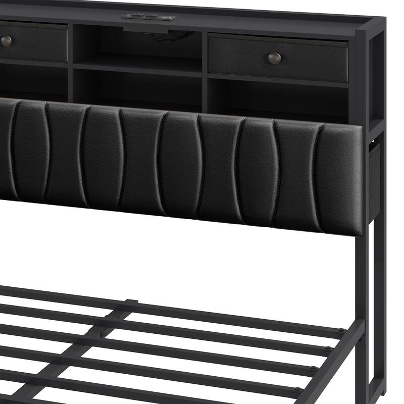 6 Drawers PU Leather Upholstered Platform Bed, Bed Frame with Hidden Storage Headboard and Power Outlets