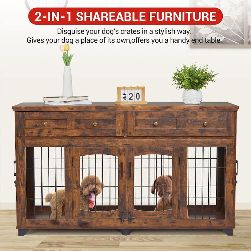 Double Dog Crate Furniture with Drawers, Removable Divider, and Storage Table