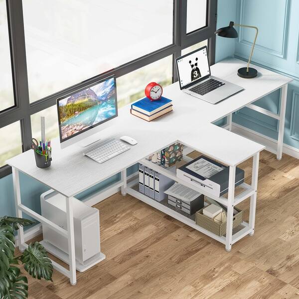 slide 6 of 18, 2 Person Computer Desk with Storage Shelves,Large Computer Workstation White