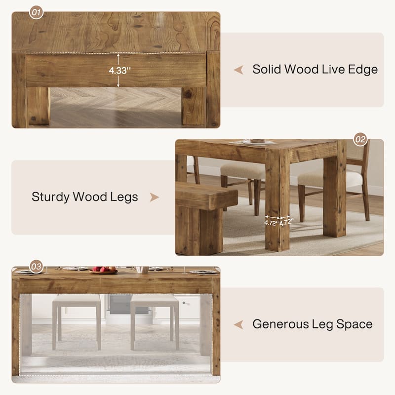 63" Solid Wood Dining Table for 4-6, Rectangle Farmhouse Kitchen Table