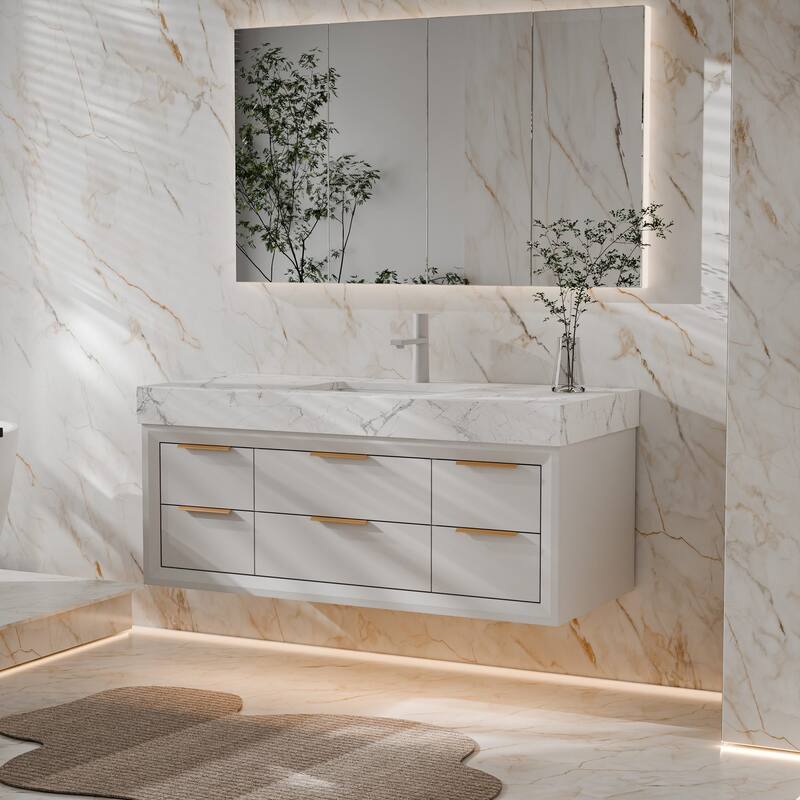 Modland 48" Modern Floating Bathroom Vanity with Single Sink, Soft-Close Drawers, White Stone Countertop