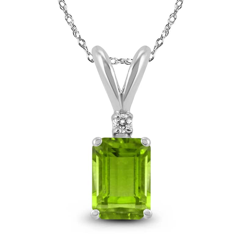 Marquee 14K White Gold 6x4MM Emerald Shaped Peridot and Diamond Pendant