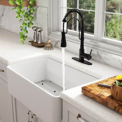 Premium Fireclay Farmhouse/Apron-Front Single Bowl Kitchen Sink with 3-Function Pull-Down Kitchen Faucet Combo