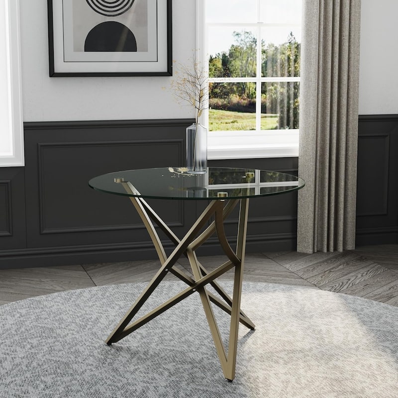 36 inch Clear Glass Round Dining Table - Brass