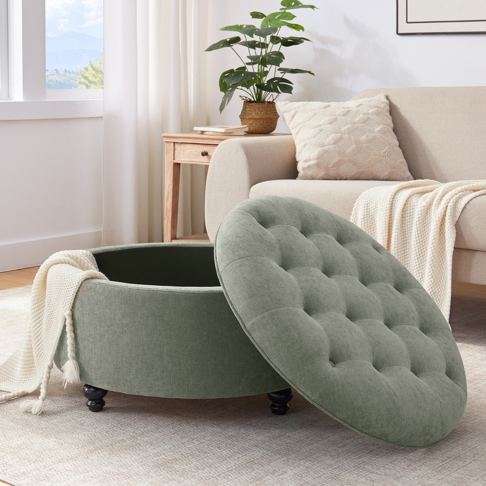 Tufted Large Round Storage Ottoman Footrest Beige/ Grey/ Blue