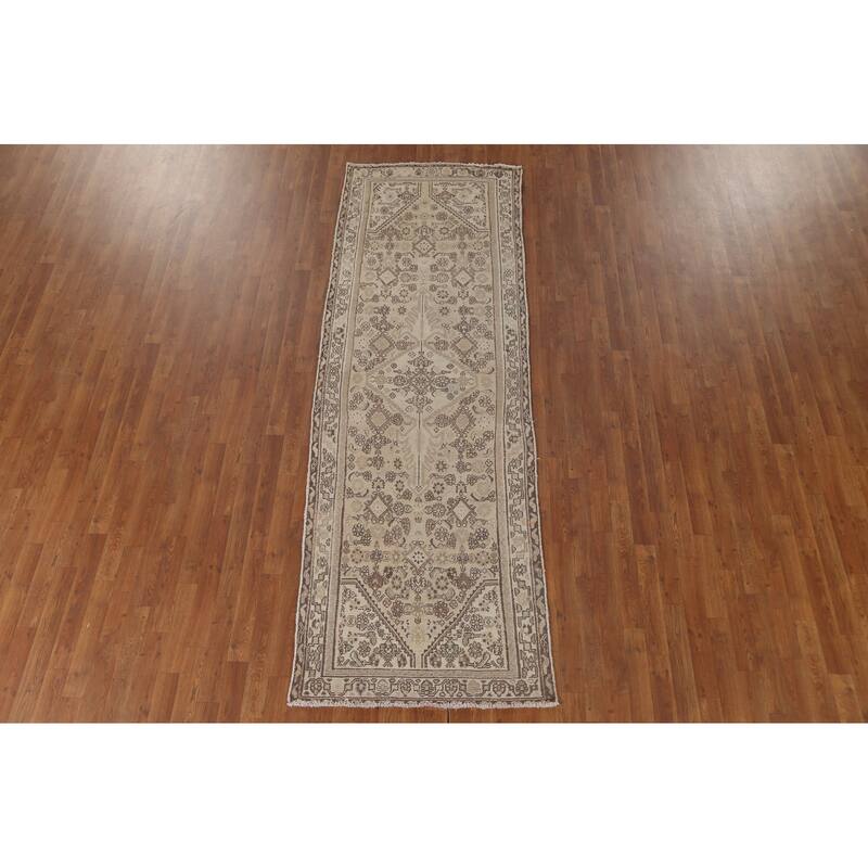 Hamedan Persian Vintage Runner Rug Handmade Geometric Wool Carpet - 3'3" x 9'9"