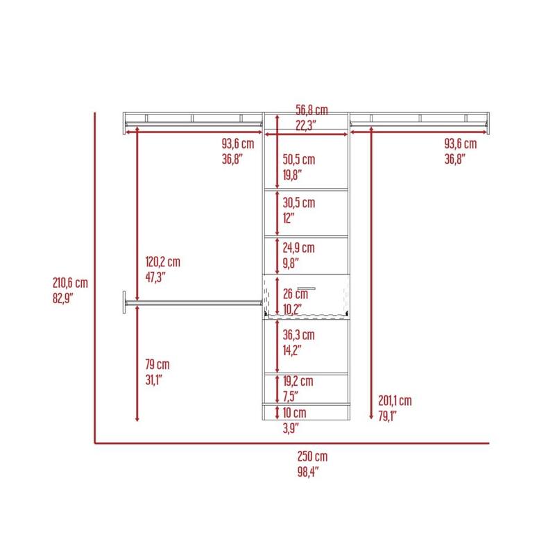 Closet System, Five Open Shelves, One Drawer, Three Metal Rods