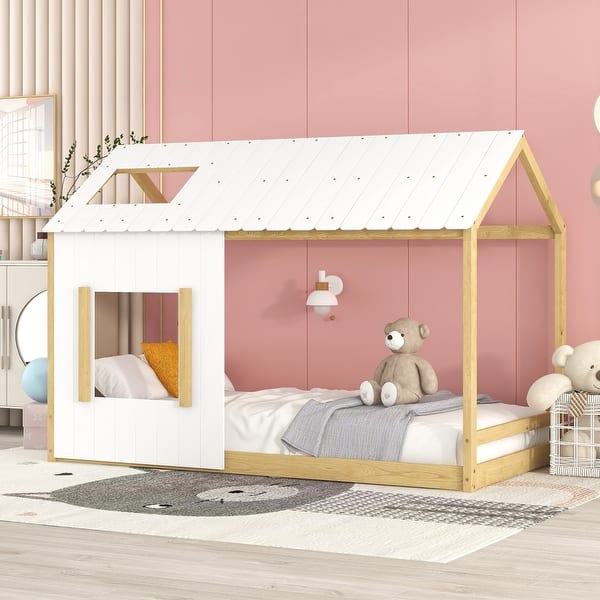slide 2 of 9, White/Natural Twin Size House Bed with Roof and Window