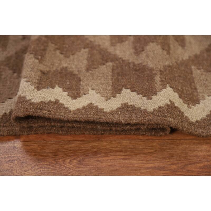 Brown Kilim Oriental Area Rug Flat-weave Reversible Wool Carpet - 5'3" x 7'8"