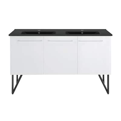 Annecy 60 In. White, Double Basin Bathroom Vanity With Black ArtificialStone Sink Top