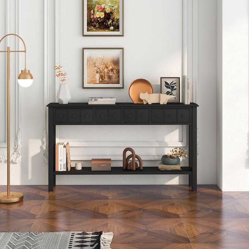 60 Inch Long Sofa Table with 4 Drawers and Open Shelf for Living Room - 60" x 11" x 34.5" - Espresso