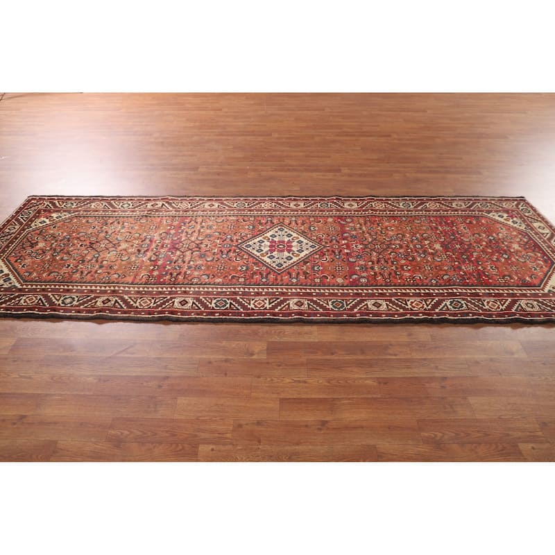 Geometric / Medallion Hamedan Vintage Runner Rug Handmade Wool Carpet - 3'5"x 10'4"