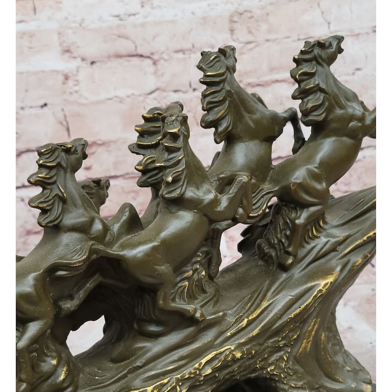 Eight Galloping Imitative Horses Bronze Sculpture On Marble Base Signed M. Lopez