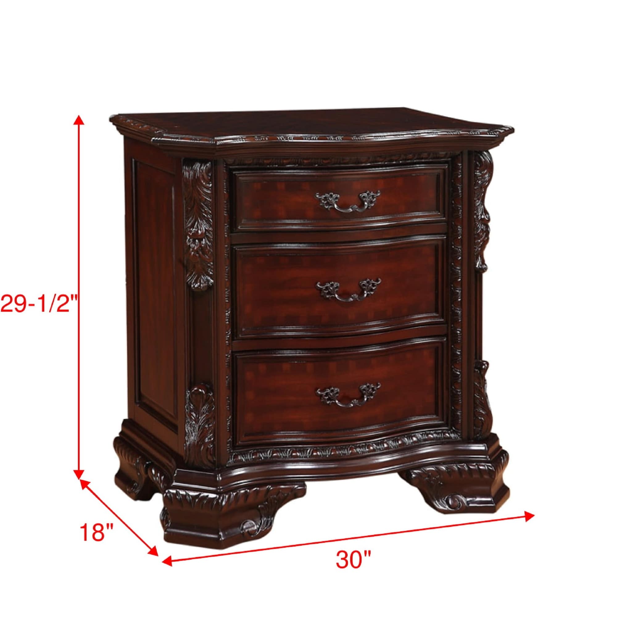 1pc three drawers nightstand intricate moldings beautifully curved silhouette dark cherry finish bedroom solid wood furniture