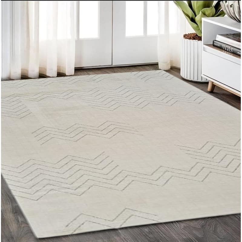Betab Distressed Abstract Modern Stain Resistant Woven Durable Area Rug By HomeRoots - 5' X 8' - Cream and Beige - Rectangle