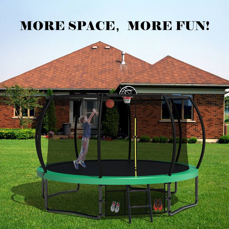 12FT Recreational Kids Trampoline with Safety Enclosure Net Ladder, Outdoor Recreational Trampolines