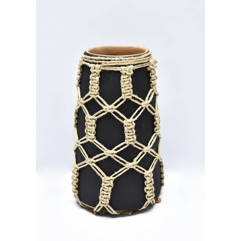 Small Mud Cylindrical Vase with Jute Rope - 8.5" - Black