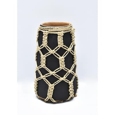 Small Mud Cylindrical Vase with Jute Rope - 8.5" - Black